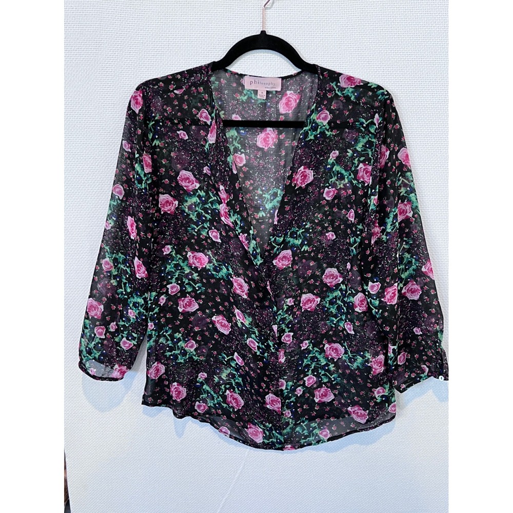 Philosophy Dark Romantic Floral Print V Neck Sheer Blouse size Small